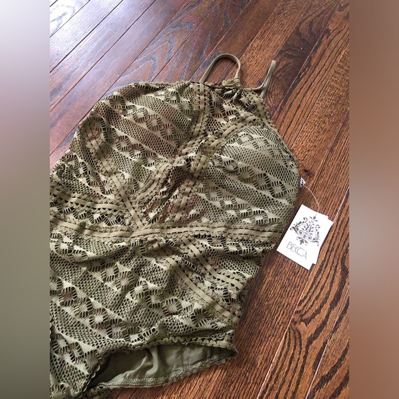 BECCA Women’s XL Olive Green Crochet Halter One-Piece Open-Stitch Swimsuit - NWT - Picture 6 of 15
